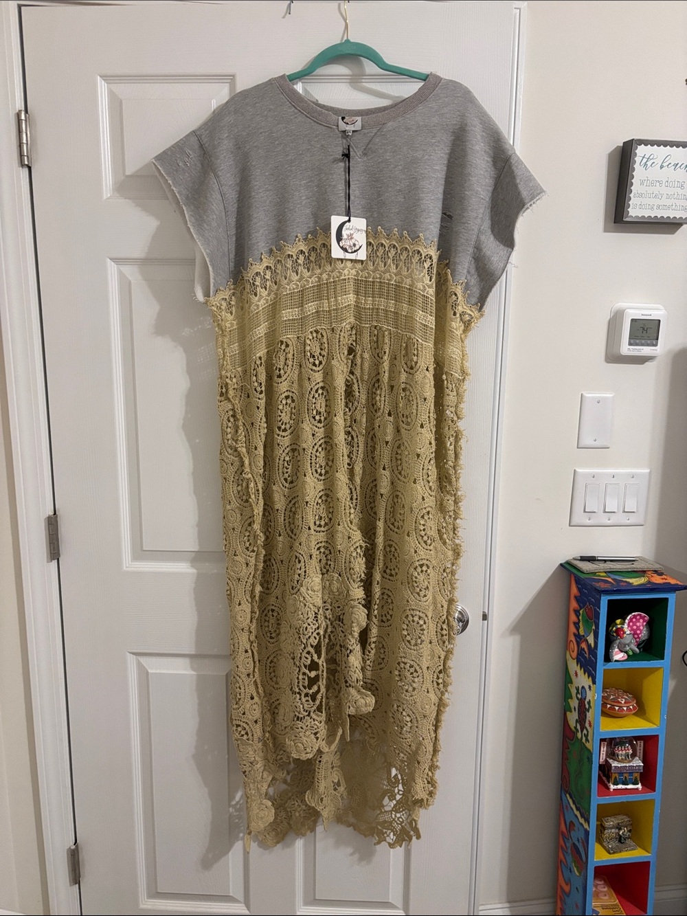 Gray Top with Beige Crochet Skirt Dress